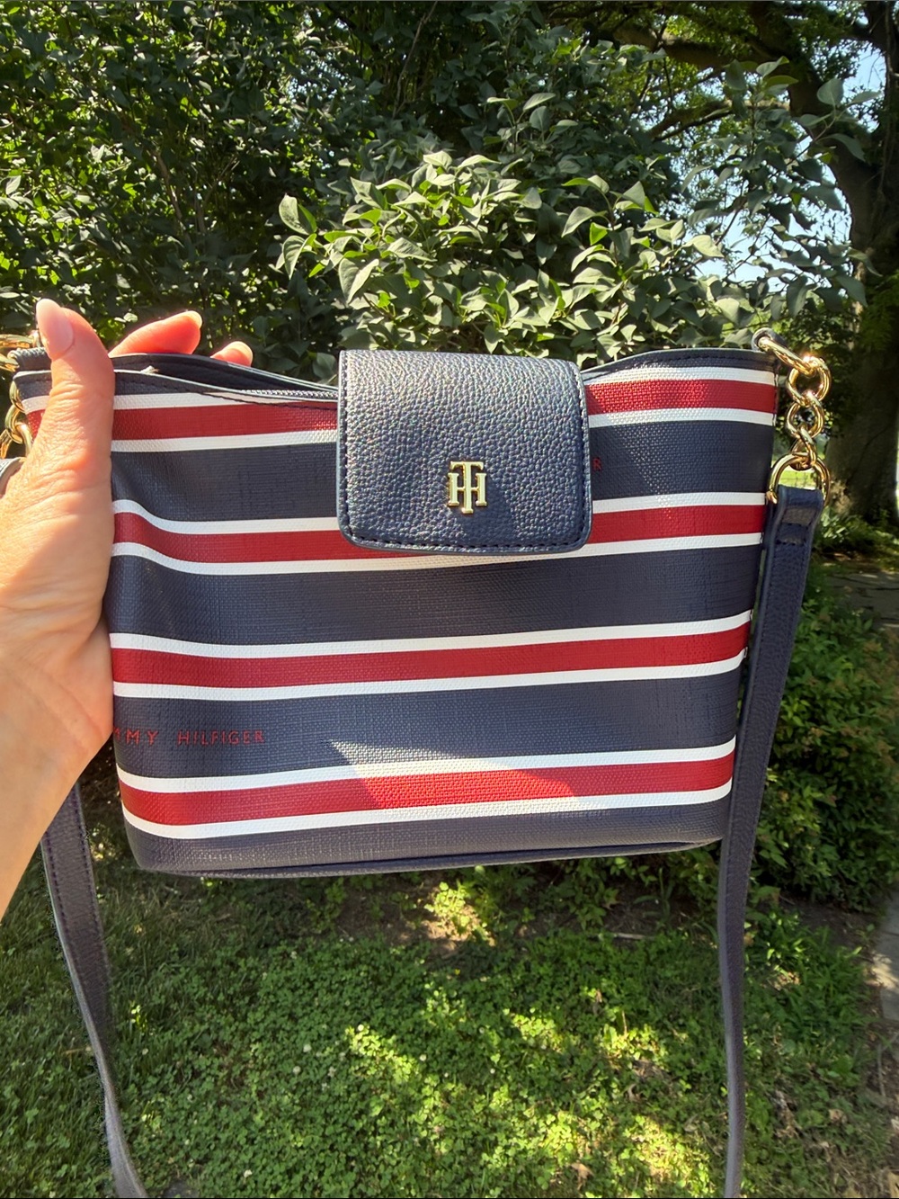 Tommy Hilfiger Navy, Red & White Striped Crossbody Bag